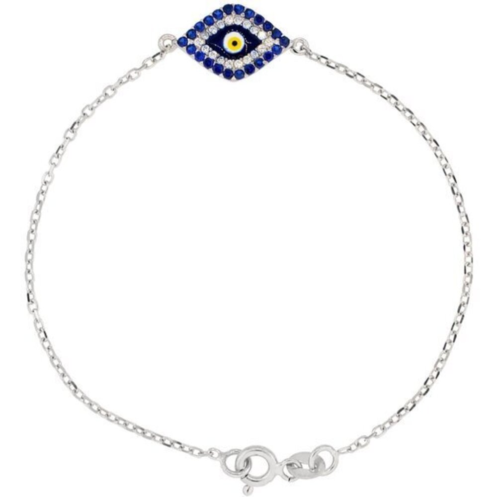 Sterling Silver CZ Evil Eye Charm Bracelet 6.75"